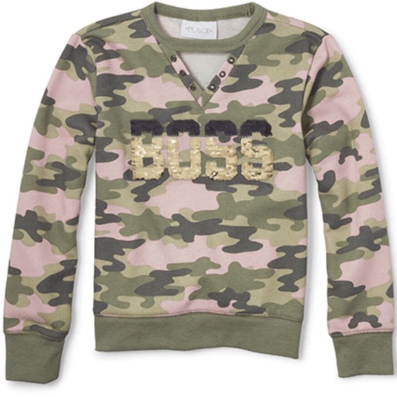 The Children's Place Other - NWT Green Pink Camo Flip Sequin Boss Graphic Sweatshirt XS XSmall 4